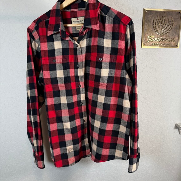 WOOLRICH Womens Red Black Tan Plaid Flannel Shirt Long Sleeve Button Up‎ Size L - Picture 11 of 11